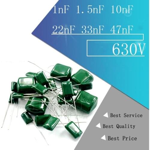 50pcs Polyester film capacitor 630V 1nF 1.5nF 10nF 22nF 33nF 47nF 2J102J 2J152J 2J222J 2J472J 2J682J 2J103J 2J223J 2J333J 2J473J