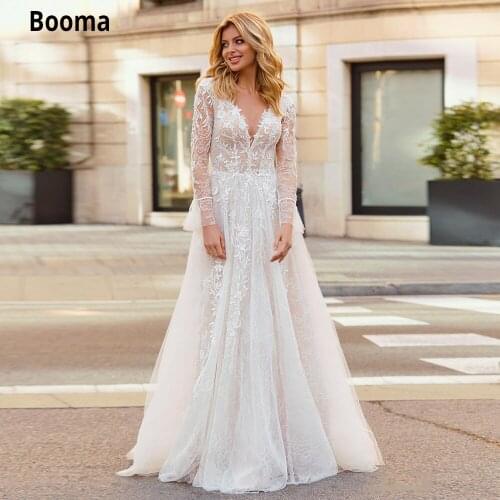 Booma Boho Wedding Dresses Lace Elegant V-neck Bohemian Bridal Gowns Long Sleeve Vintage Appliques Beach Wedding Gowns Plus Size