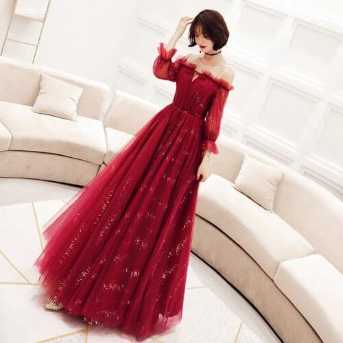 2020 New Fashion Long Evening Dress Illusion O-neck Three Quarter Sleeve Ruffles Sequins Formal Dresses a Line Banquet Dresses