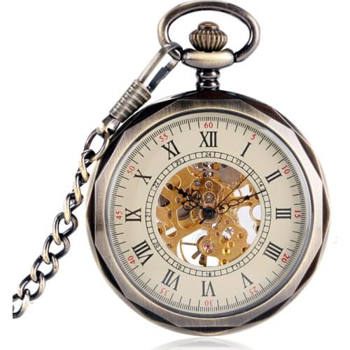 Fob Pocket Watches Mechanical Hand Wind Transparent Retro Bronze Irregular Open Face Roman Number For Men Women Xmas Gift Analog