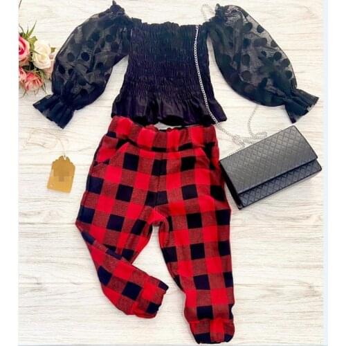 FOCUSNORM 2 Colors Fashion Toddler Girls Clothes Sets 1-5Y Polka Dot Lace Puff Sleeve Off Shoulder Tops Plaid Pants