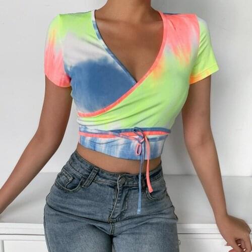 WannaThis Tie Dye Print V-Neck Short Sleeve Cropped T-Shirts Women Waist Lace Up Crop Top Casual Sexy Summer Lady Tops 2021 New