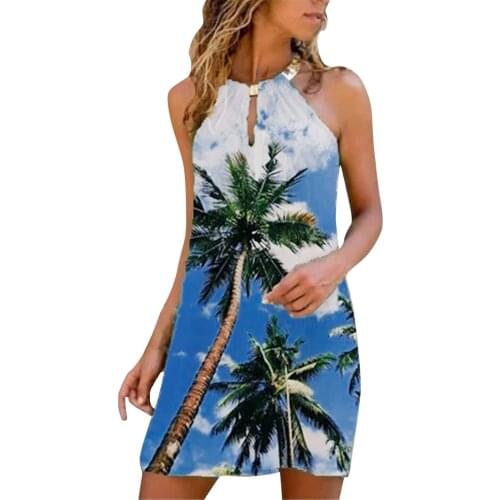 Hawaiian Tree Floral Printed Summer Dress Fashion Womens Casual Metal Hanging Neck Strapless Mini Dress Beach Sundress Vestidos