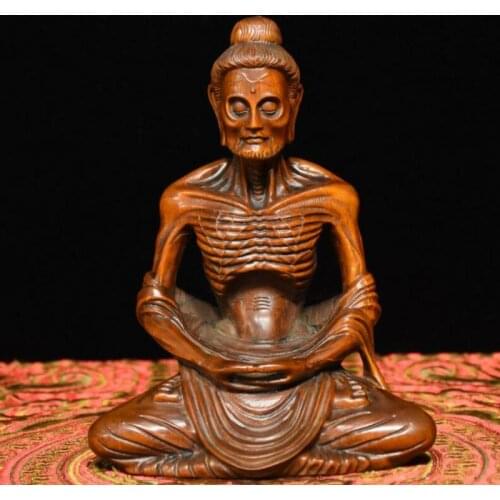 Chinese Buddhism Boxwood Wood Carving Skinny Arhat ascetic monk Buddha Statue