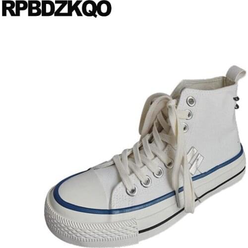 Platform women sneakers lace up flats thick sole plain canvas shoes white high top rubber elevator breathable trainers cheap