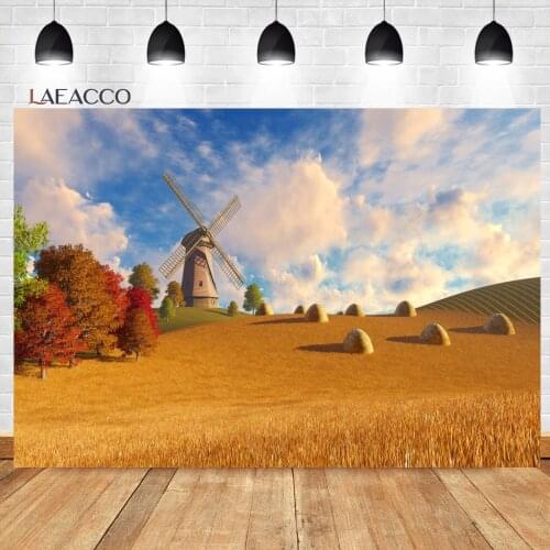 Laeacco Autumn Rural Farm Outdoor Photocall Background Windmill Paddy Real Scenery Baby Portrait Customized Photography Backdrop