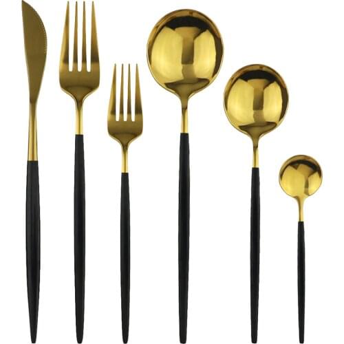 4/ 6 set Gold Flatware Set Kitchen 18/10 Stainless Steel Tableware Set Knife Fork Spoon Cutlery Set Party Home Accessories Black