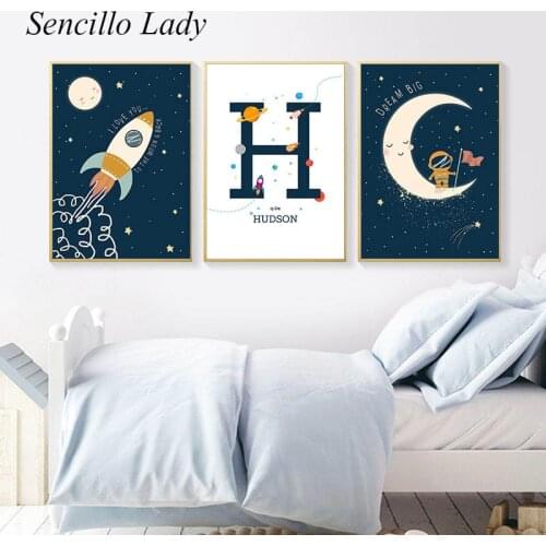 Custom Name Poster Baby Nursery Print Adventure Space Astronaut Wall Art Canvas Painting Nordic Kid Picture Boy Bedroom Decor