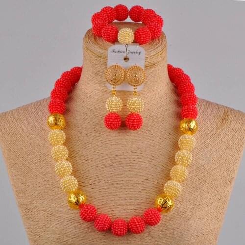 24 inches necklace red and champagne gold nigerian wedding african beads jewelry set simulated pearl FZZ14
