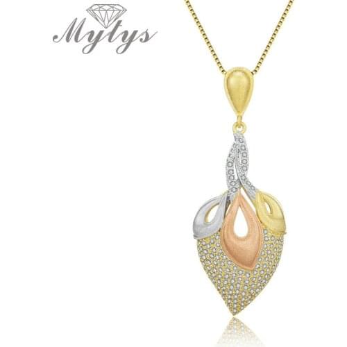 Mytys Pave Setting Zircon Pendant Necklace for Women High Level Three Tone Gold Sandblasting Frosted Brass Tricolor Jewel CN421