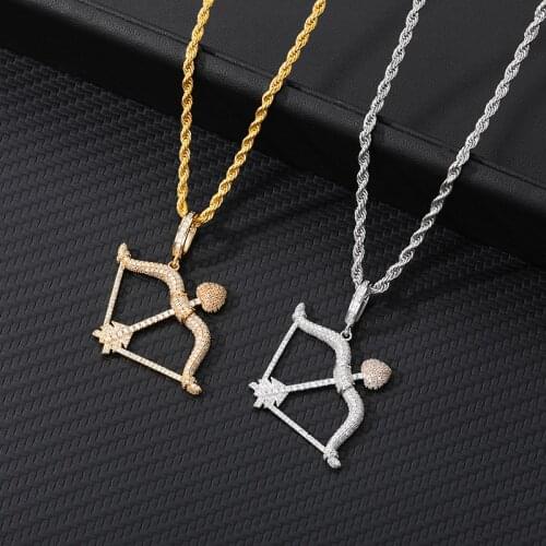 Iced Out Bow Arrow Pendant Solid Back Necklace Men/Women Hip Hop Gold 24K Yellow Gold Necklace Men Charm Twist Chain Jewelry