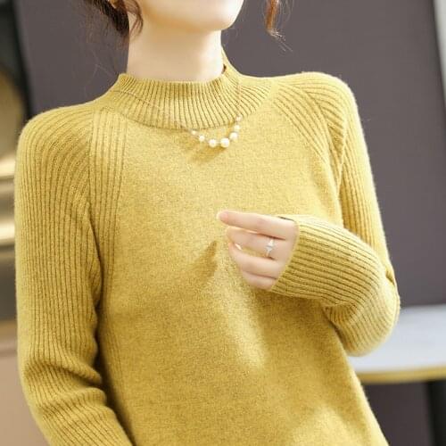 Pullover womens autumn new style 100% wool half-high sweater womens self-cultivation solid color large size knitted sweater
