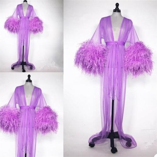 Luxury Feather Bride Sleepwear Robes With Belt Newest Soft Tulle Sexy V Neck Long Sleeves Custom Made Women Sleepwear Pajamas