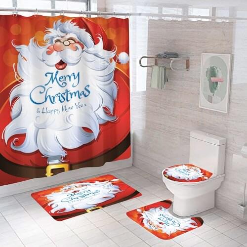 Merry Christmas Shower Curtains for Bathroom Decor Santa Bath Curtain Happy New Year Non-Slip Bath Rug Sets Toilet Seat Cover