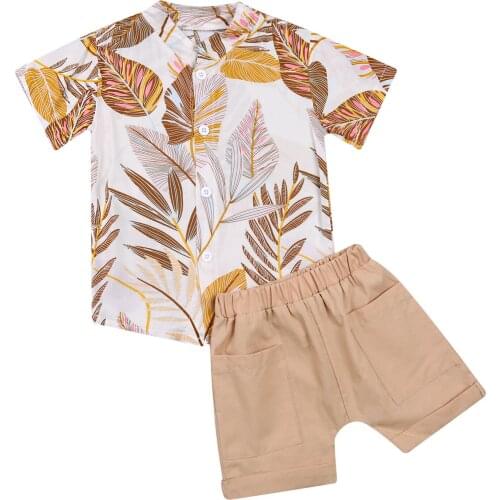 Baby Boy Short Sleeve Shirt + Shorts, Leaf Pattern Tropical Print Summer Beach Clothing