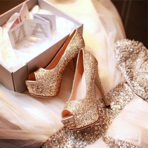 Gold Sequined Women Pumps Peep Toe Slip-on High Heel Dress Shoes Cut-out High Platform Wedding Bride Shoes Free Ship