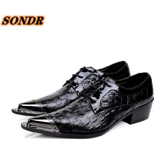 Men Genuine Leather Shoes Crocodile Embossed Pattern Loafers Iron Toe Slip On Lace Up Dress Office Oxford Shoes Calzado Hombre