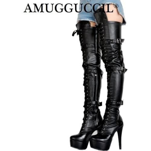 Plus Big Size 34-52 Black White Red Zip Buckle Sexy Thigh High Heel Platform Over The Knee Ladies Women Autumn Winter Boot X1713