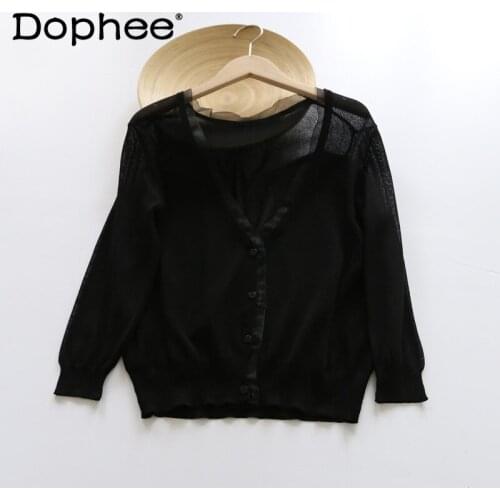 2021 Spring and Summer Thin Knitted Sweater for Women New Ice Silk Knitted Cardigan Sun Protection Shirt 3/4 Sleeve Fashion Top