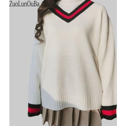 Zuolunouba 2018 Autumn Fashion Commuting Korean Version Loose Long-sleeved Stripe V-neck Harajuku Chic Women Knitted Sweaters