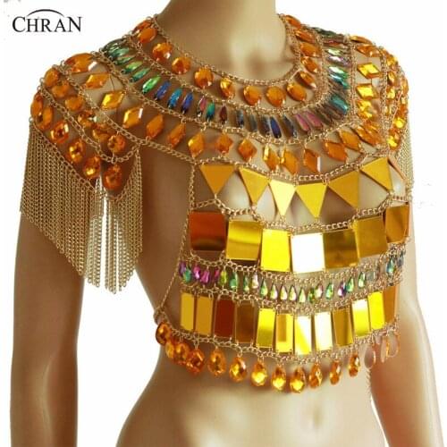 Chran Gold Tassels Sequin Chain Crop Top Classic Chainmail Bra Body Chain Sexy Showgirls Rave Outfit