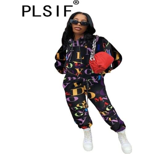 Street Wear Women Set Letter Print Autumn Casual Long Sleeve Tops And Long Pant Suit 2 Pieces Suits