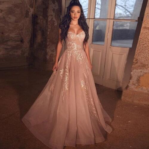 Abendkleider 2020 Pink Lace A-line Prom Gowns Saudi Arabic Tulle Long Formal Party Dresses Sweetheart Lace Up