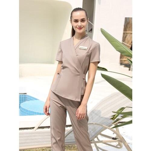 2020 High Quality Uniformes Overalls Womens Khaki Top+Pants 2 Piece Set Hotel Staffs Work Wear Beauty Salon SPA Uniform