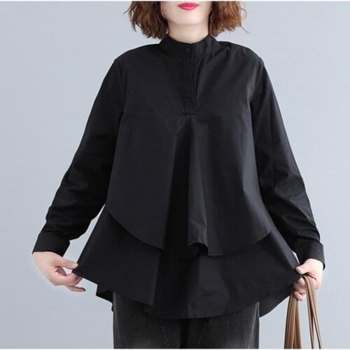 #2890 Spring Autumn Long Tops And Blouses Women False Two Piece Stand Collar Black Oversize Blouse Femme Pullover Loose Dovetail