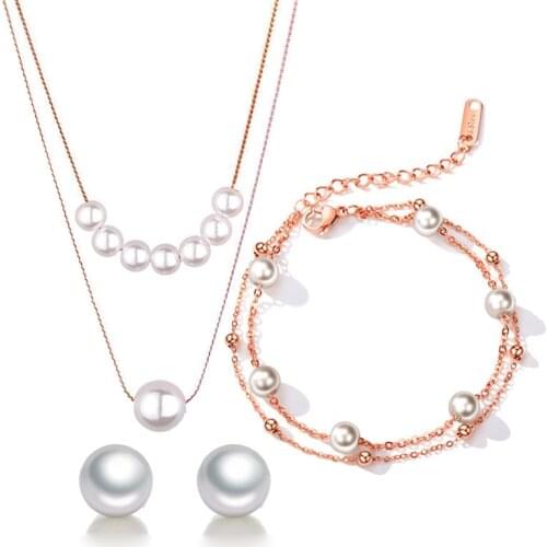 316L Stainless Steel Simple String of Pearl Necklace Bracelet Earrings Simple Temperament Does Not Fade Wedding Jewelry Set