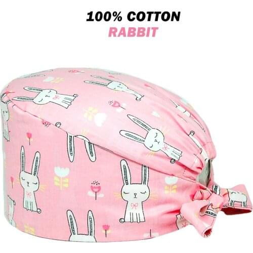 Anime Scrub Hat 100% Cotton Rabbit Printing Adjustable Nursing Cap Beauty Salon Pet Shop Lab Working Accessories Scrubs Caps
