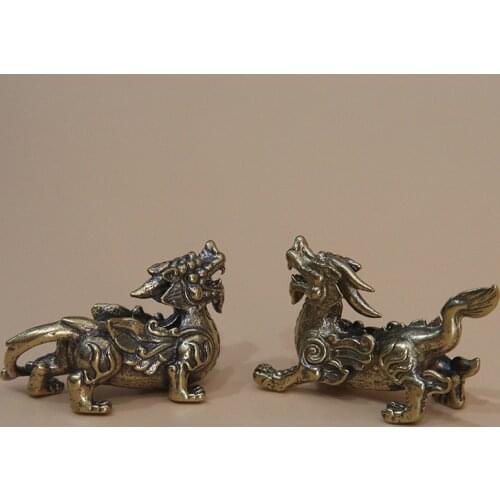 Antique Copper Chinese Mythical Beast Pixiu Miniature Figurines 1 Pair Ornaments Brass Lucky Animal Qi Lin Desktop Decorations