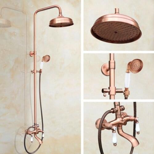 Antique Red Copper Brass Bathroom Shower Faucet Set Bathtub Shower Faucet Bath Shower Tap Rainfall Shower Head arg574