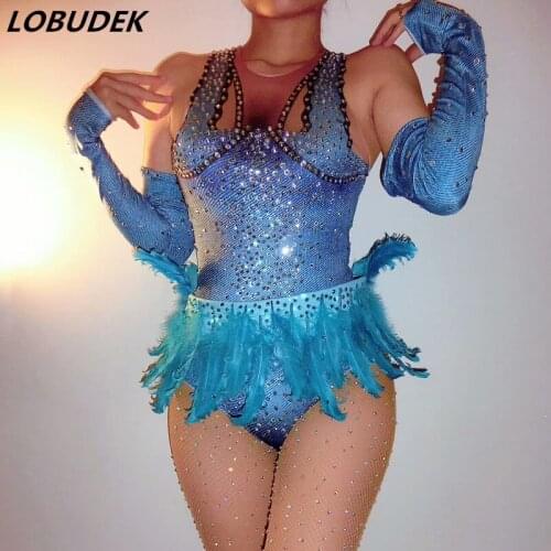 Blue Feathers Crystals Bodysuit Female sexy Skinny Catsuit Nightclub Bar DJ DS costumes Dancing Groups stage performance Clothes