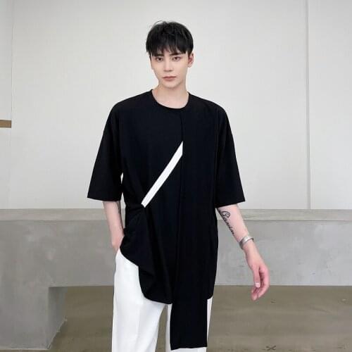 Mens Fashion Design Summer Round Collar Short Sleeve Loose T-shirt Casual Tee Black White C1