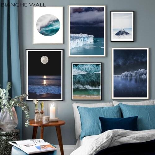 Glacier Ocean Waves Mountain Peaks Night View Poster Print Canvas Art Painting Seascape Picture Home Wall Decoration