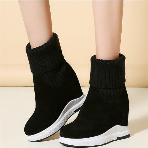Winter Fashion Sneakers Women Genuine Leather Wedges High Heel Ankle Boots Female Knitting Round Toe Oxfords Shoes Casual Shoes