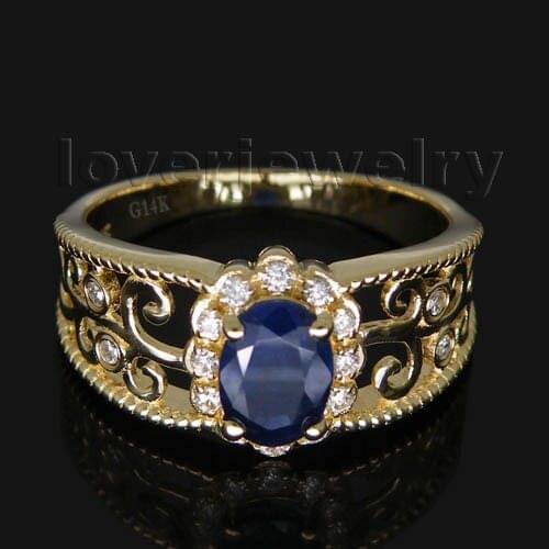 LOVERJEWELRY Hot Selling Oval 5x7mm Blue Sapphire Ring With Diamonds For Women Men Solid 14Kt Yellow Gold WU018