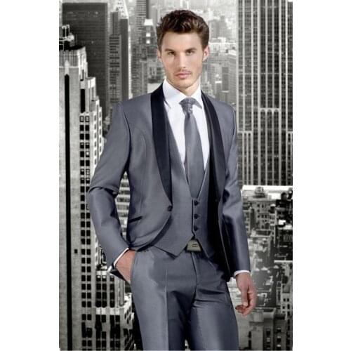 Mens suit custom size coat + pants + vest, tie Groom Tuxedos Grey Groomsmen Peak Black Lapel Best Man Suit Bridegroom Suits