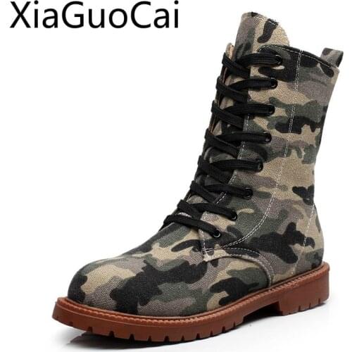 New Casual Brand Women Martin Boots England Style High Top Female Boots Flat Wild Womens Camouflage Shoes