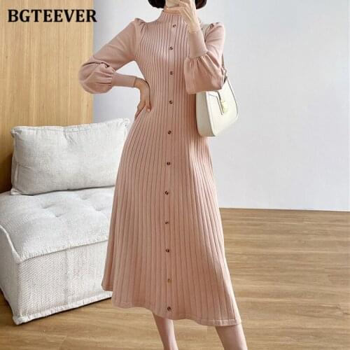 BGTEEVER Autumn Winter Buttons Puff-sleeve Women Sweaters Dress Slim Waist Stretched Knitted Female Midi Dress vestidos 2021