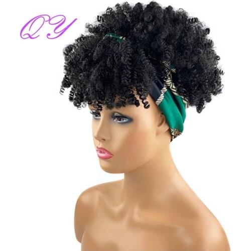 QY Hair Headband Wig Hair Afro Kinky Curly Short Synthetic Green Turban Wrap Black Wigs for Black White Women