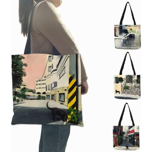 Healing Series Cats in the City Corner Large Capacity Linen Fabric Tote Shoulder Bag Reusable Shopping Bags for Women 2021