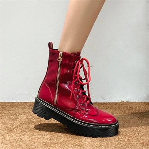 PXELENA Retro Patent Leather Zipper Lace Up Women Military Motorcycle Biker Boots Chunky Med Heels Combat Martin Boots Plus Size