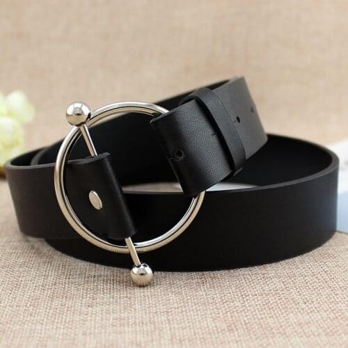 Newest Silver Round buckle belts woman 2021 hot womens belts without pin metal buckle black leather strap belt dames riemen