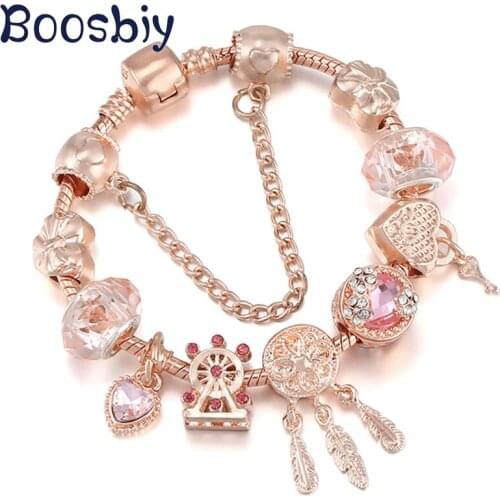 Rose Gold Color European Style Heart Pendant Charm Bracelet Fit Crystal Ferris Wheel Beads Bracelet For Women Jewelry Pulseras