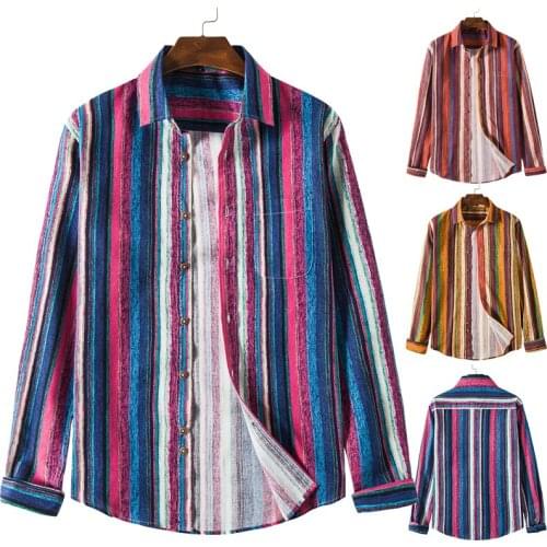 Trendy Fashion Mens Shirt Handsome Cotton and Linen Shirt Lapel Long Sleeve Color Vertical Stripes Casual Turn-down Collar Full