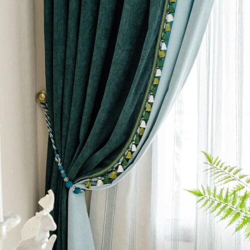 American Light Luxury Retro Chenille Color Matching Tassel Shading Blackout Curtains for Living Room Bedroom Teal Curtain