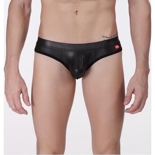 Sexy Men Hollow Open Crotch U Convex Pouch Briefs Faux Leather Low Waist G-String Sexy Briefs Gay Wear FX12