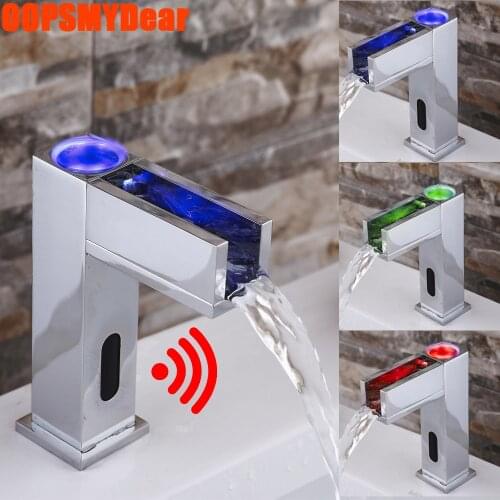 Washbasin Touchless LED Faucet Bathroom Waterfall Infared Motion Sensor Tap Deck Mount Smart Grifo Basin Sink Induction Kraan